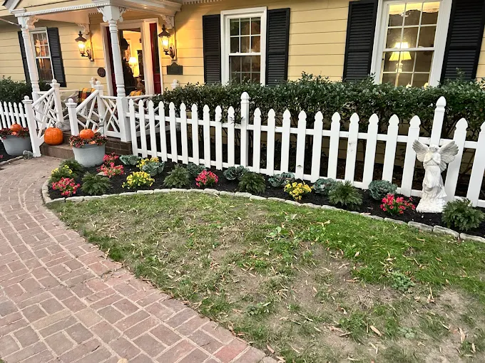 Fall flower bed with mums and fresh mulch along a white picket fence